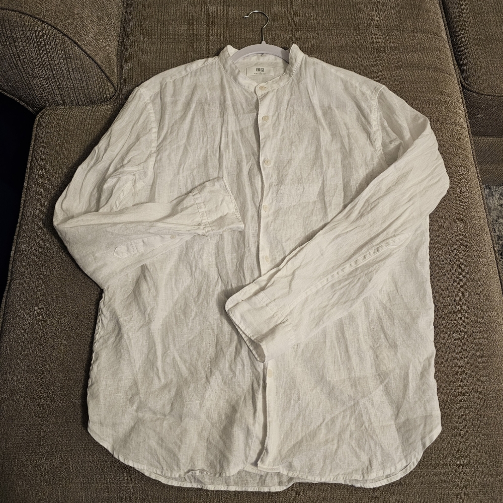 Uniqlo White Linen Button Casual Natural Neutral Button Shirt Size Small